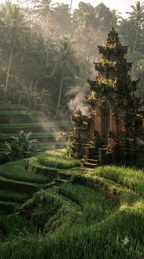 Misty Balinese temple among rice terraces in Ubud